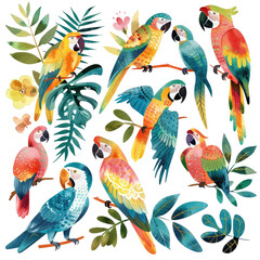 Colorful parrots tropical foliage jungle print textile design