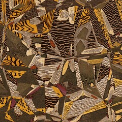 Autumnal brown patched cozy seamless pattern. Patchwork style fabric effect with floral design for season home decor background. Earth tones for modern country cottage mood.