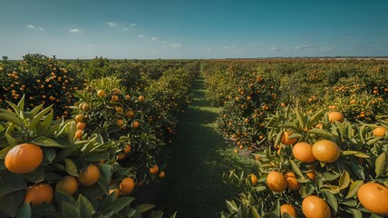 An expansive orchard of orange trees under a clear blue sky.