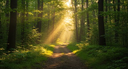 Fototapeta premium Sunlight Rays Filtering Through Green Forest Path in Morning Light