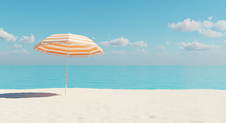 Seaside Sandy Beach with Orange and White Beach Umbrella and Calm Blue Ocean Scene