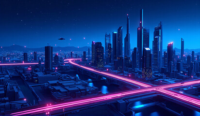 A futuristic city at night with a spaceship flying over it.