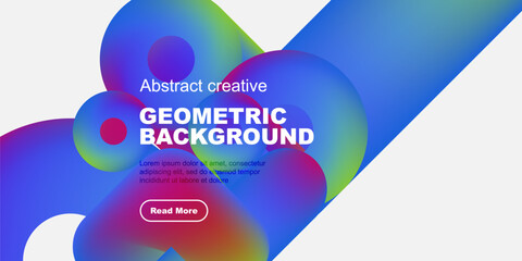 Abstract geometric background features vibrant colors, shapes, text, button. Modern design suitable for presentations, websites.