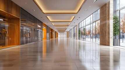 A spacious, modern office lobby with glass walls, wooden accents, and a clean, minimalist design.