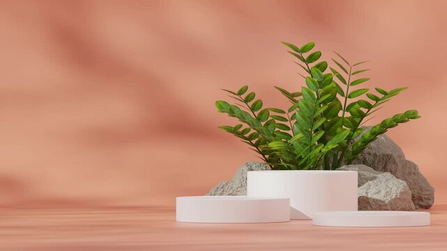looping seamless shadow animation with green zamia, rocks, and orange wall, 3d video rendering empty space of white cylinder podium