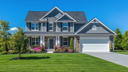 Fototapeta premium A two-story house with a gray roof and siding, featuring a white garage door and a green lawn with a tree in the background.