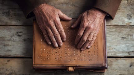 Aged hands resting on a braille book.