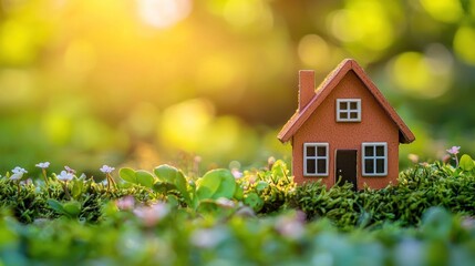 A small, orange house model on a green grassy lawn with a blurred background of trees and sunlight.