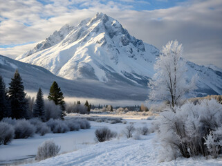 Fototapeta premium Majestic snow covered mountain peak with frosted trees and snowy landscape winter