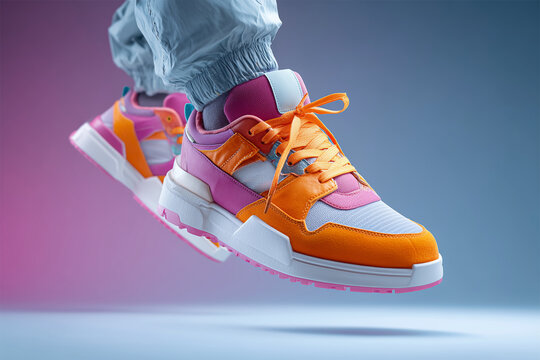  Colorful Modern Sneakers in Mid-Air on Vibrant Background
