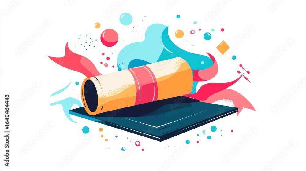 Poster abstract illustration of a scroll on a dark background with colorful splashes. possible use educatio