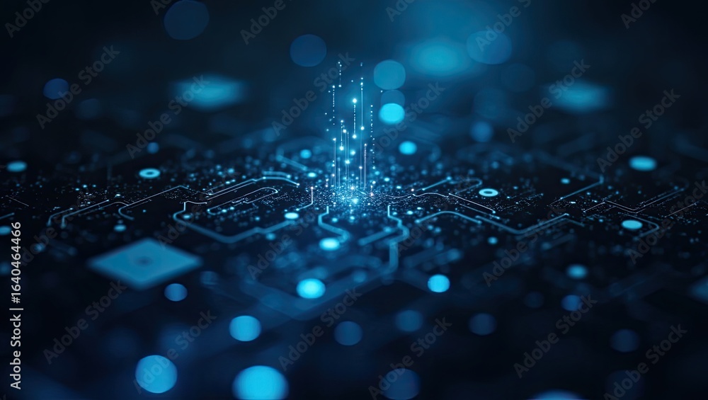 Poster detailed close-up view of a circuit board with glowing digital pathways.