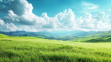 A serene, green meadow with a clear blue sky and distant mountains under a bright, sunny day.