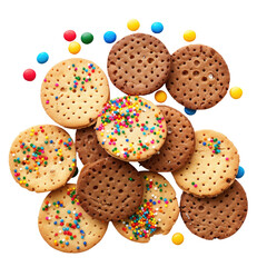 Colorful sprinkles cookies, overhead shot, party background, food photography