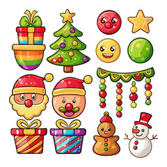Fototapeta premium christmas icons set Big sticker pack of retro cartoon characters and elements. Merry Christmas and Happy New year in trendy groovy hippie style