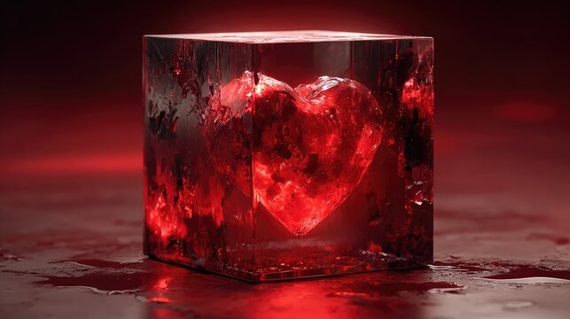 Red heart encased in a glowing ice cube