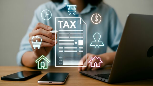 Person interacting with digital tax document and financial icons on screen finance accounting