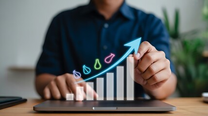 Person interacting with upward trending financial graph on digital interface business finance