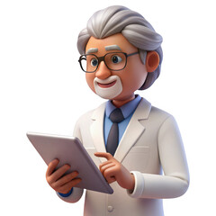 3d cartoon scientist with tablet isolated on transparent background