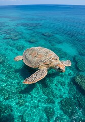 Sea Turtle Swimming in Clear Blue Ocean Water