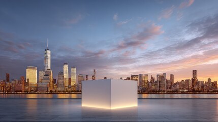 White cube on platform, cityscape blurred, sunset background