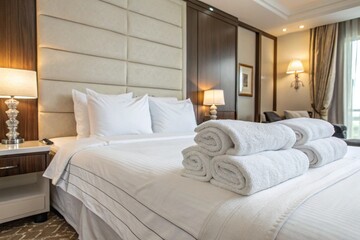 Luxury hotel room with crisp white linens, soft pillows, and neatly arranged towels. Evokes comfort, relaxation, and cleanliness—perfect for hospitality, wellness, and upscale lodging imagery.