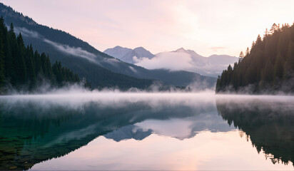 A misty lake with mountains in the background.