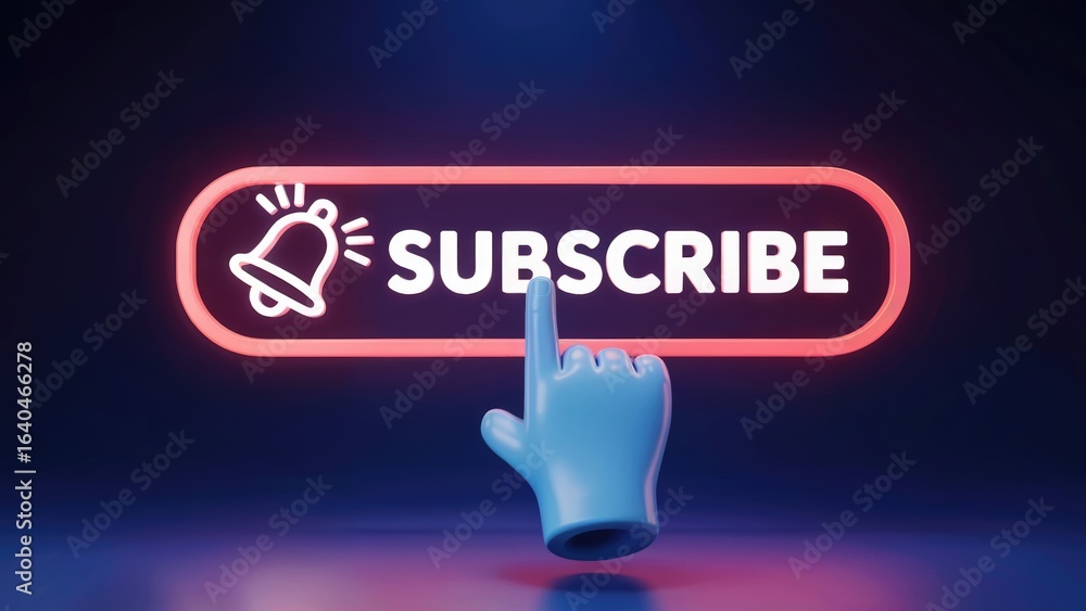 Poster click to subscribe button with bell icon and hand cursor, glowing neon effect, modern digital interf