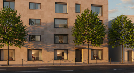 Naklejka premium Modern residential building with lush green trees in front
