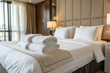 Luxury hotel room with crisp white linens, soft pillows, and neatly arranged towels. Evokes comfort, relaxation, and cleanliness—perfect for hospitality, wellness, and upscale lodging imagery.