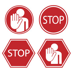 Fototapeta premium Bundle set circle and hexagon sign do not enter, prohibition with stop palm hand gesture in red isolated label 