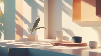 Sunlight streams through a window, illuminating a minimalist, modern interior with a small plant, 