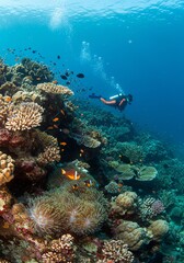 Obraz premium Scuba Diver Exploring Vibrant Coral Reef with Colorful Fish Underwater