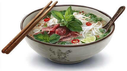 Pho bowl broth, noodles, beef, bean sprouts, herbs, chili, lime, chopsticks, spoon