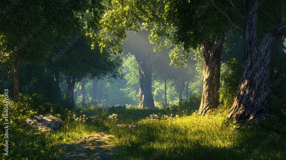 Poster sunlit path through a lush forest. sunlight filtering through trees, creating a tranquil woodland sc