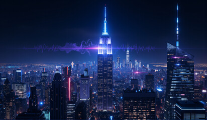 A view of a city at night with a heartbeat line in the sky.