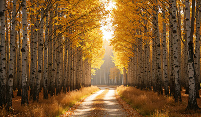 A dirt road in the middle of a grove of aspen trees.