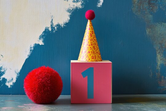 A colorful composition of number one block, party hat and red ball