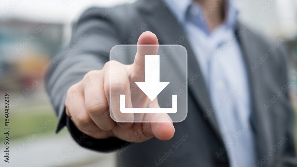 Poster professional businessman presses download button on transparent screen for instant data access and d