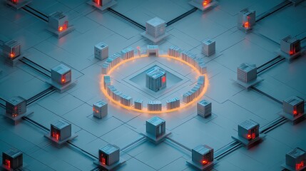 Network connection with server racks and glowing circle, data transfer