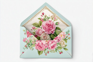 Light blue floral envelope showing roses bouquet inside