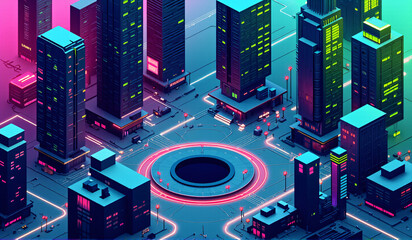 An illustration of a futuristic city with neon lights.