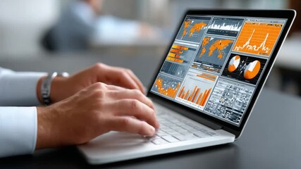 Data Analysis at Work: A close-up shot reveals a professional engrossed in data analysis, fingers dancing across the keyboard of a sleek laptop, visualizing intricate charts and graphs. 