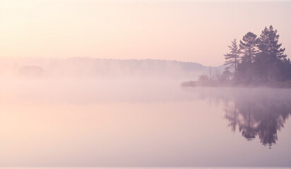 A misty sunrise over a lake with trees in the distance.