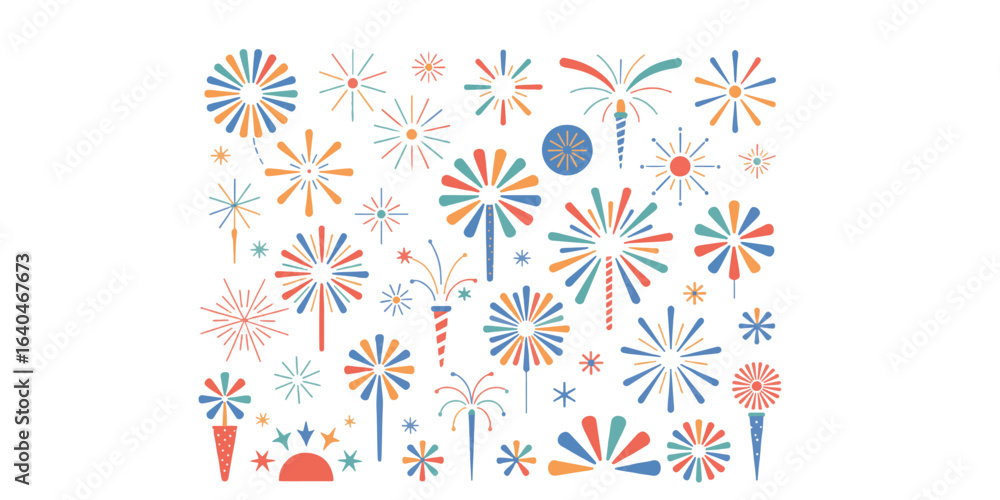 Poster an assortment of colorful firework illustrations on a white background in a pattern design style