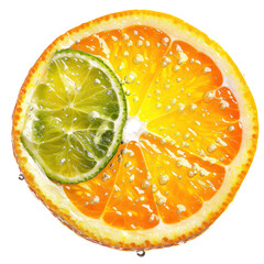 Juicy orange lime slice, close-up, studio shot, bubbles, refreshment