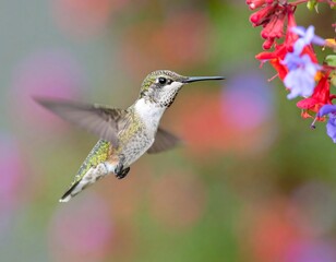 Fototapeta premium Ruby-Throated Hummingbird enjoying nectar from Salvia flowers in vibrant garden