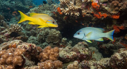 Naklejka premium Colorful Underwater Fish Swimming Near Coral Reef Scene