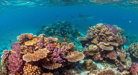 Obraz premium Vibrant Coral Reef with Colorful Fish and Shark in Clear Ocean Water