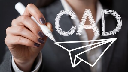 Confident professional draws CAD concept and paper airplane symbolizing innovation and future growth